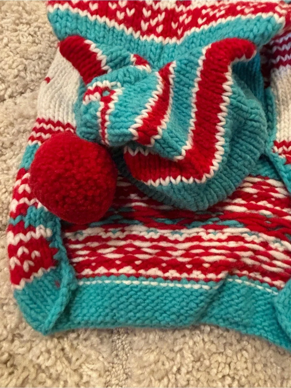 Chilly Dog- Red, White & Teal Fair Isle Knit Sweater M. EUC